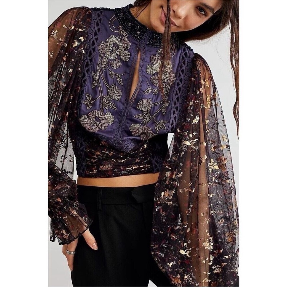 Free People Embroidered Sheer-Sleeve Top